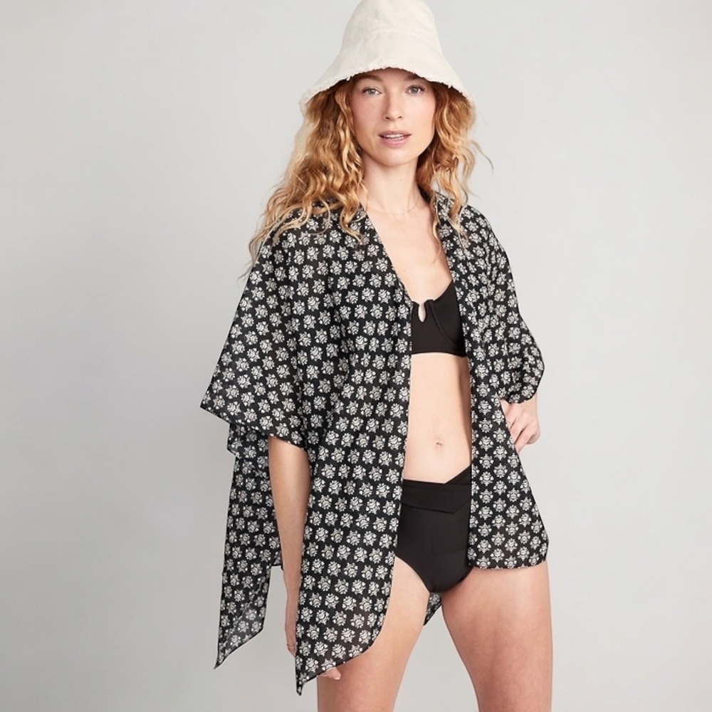 Old Navy NEW Printed Swim Cover Up Black Floral Cotton Kimono Wrap XL-4X Beach